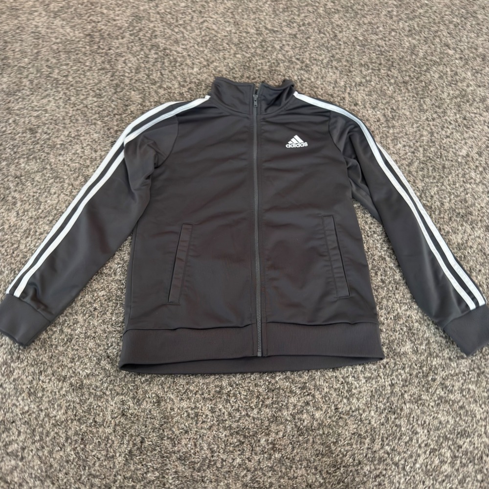 Adidas Boys Track Jacket Black White 3 Stripe Full Zip Size Medium 10/12